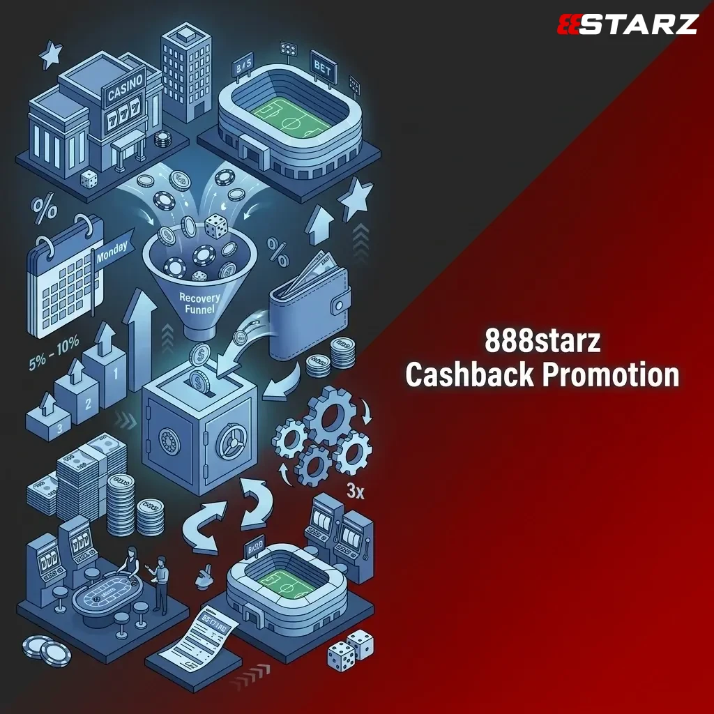 888starz cashback promotion offering 5-10% back on net losses weekly, with up to 150,000 SOS per cycle and 3x wagering requirement