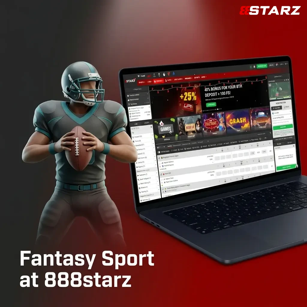 Fantasy sport lobby at 888starz showing squad builder interface with athlete stats for football basketball and cricket contests
